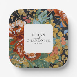 焦げたオレンジ絵を描色の牡丹フローラの結婚金ゴールド ペーパープレート