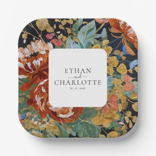 焦げたオレンジ絵を描色の牡丹フローラの結婚金ゴールド ペーパープレート (正面)