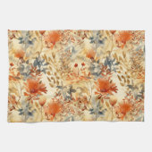 焦げたオレンジ色のスモーキーインディゴ抽象芸術フローラ キッチンタオル (横)