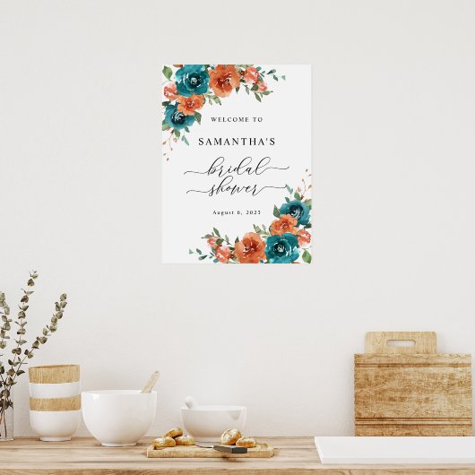 焦げたオレンジ色のティール（緑がかった色）ブライダルシャワーウェルカムサイン ポスター (キッチン)