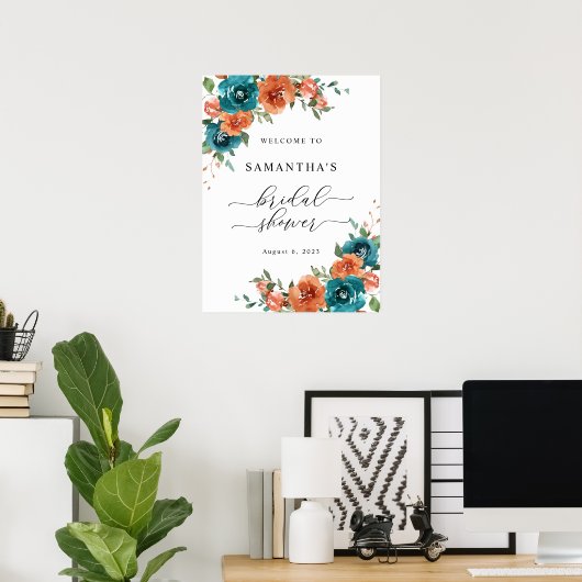 焦げたオレンジ色のティール（緑がかった色）ブライダルシャワーウェルカムサイン ポスター (ホームオフィス)