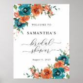 焦げたオレンジ色のティール(緑がかった色)ブライダルシャワーウェルカムサイン ポスター (正面)