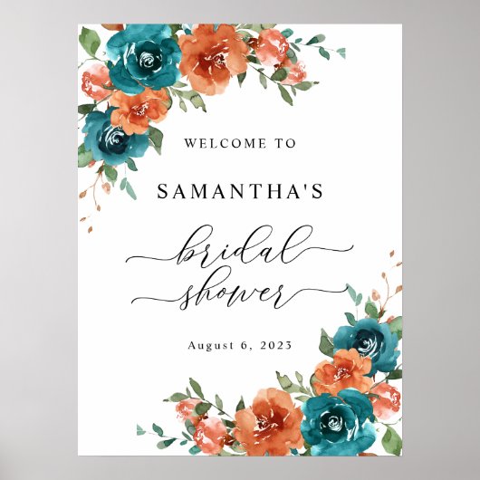 焦げたオレンジ色のティール（緑がかった色）ブライダルシャワーウェルカムサイン ポスター (正面)