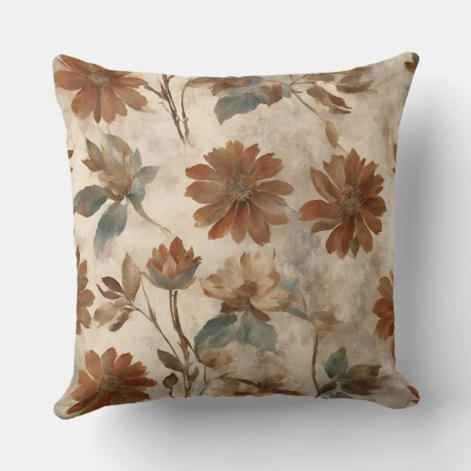 焦げたオレンジ色のティール（緑がかった色）ブラウンフローラ クッション (裏面)