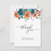 焦げたオレンジ色のティール(緑がかった色)花の水色ブライダルシャワー サンキューカード (正面)