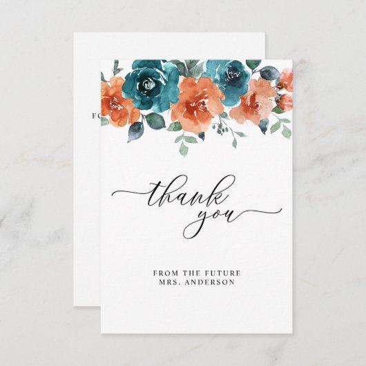 焦げたオレンジ色のティール(緑がかった色)花の水色ブライダルシャワー サンキューカード (正面/裏面)