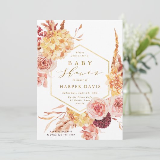 焦げたオレンジ色のテラコッタフラワーズベビーシャワー金ゴールド 招待状 (スタンド正面)