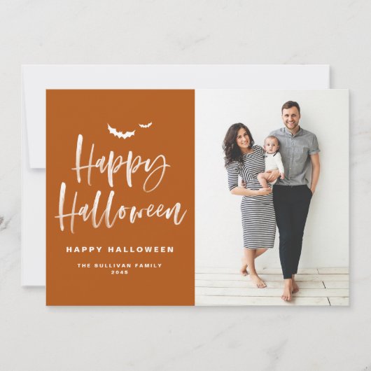 焦げたオレンジ色のハッピーハローウィンブラシレタリング写真 シーズンカード (正面)