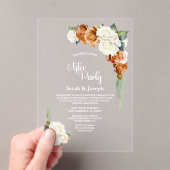 焦げたオレンジ色のバラ結婚フローラの後パーティー アクリル招待状 (インサイチュ (ポータブル))