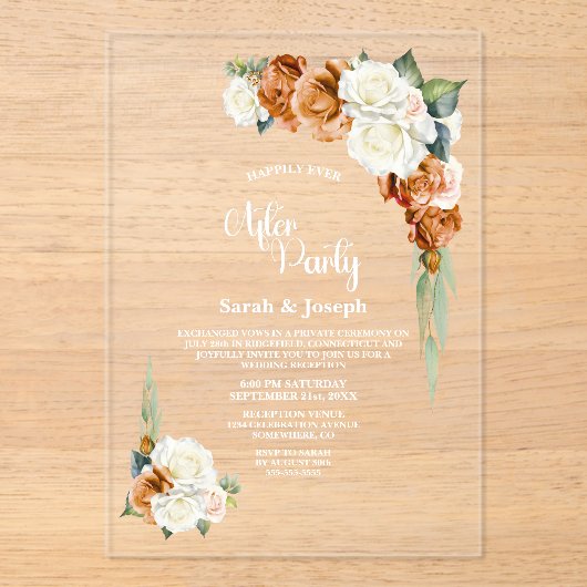 焦げたオレンジ色のバラ結婚フローラの後パーティー アクリル招待状 (正面)