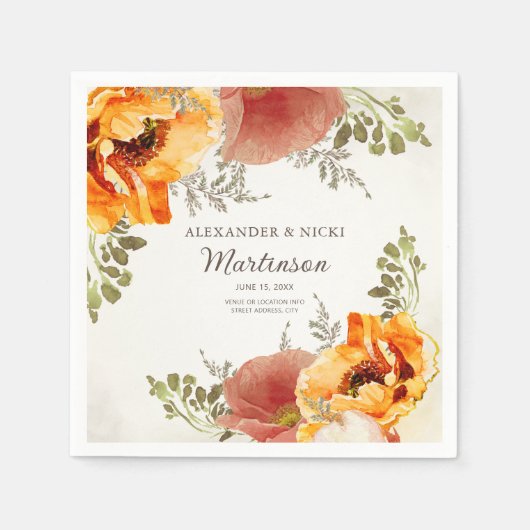 焦げたオレンジ色のフローラウェディングレセプション花婿 スタンダードカクテルナプキン (正面)