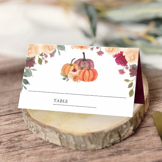 焦げたオレンジ色のフローラカボチャ結婚ブルゴーニュ プレイスカード