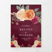 焦げたオレンジ色のフローラカボチャ結婚ブルゴーニュ 三つ折り招待状 (カバー)