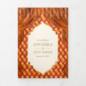 焦げたオレンジ色のフローラカーテンインディアンヒンドー結婚ズ 三つ折り招待状 (カバー)