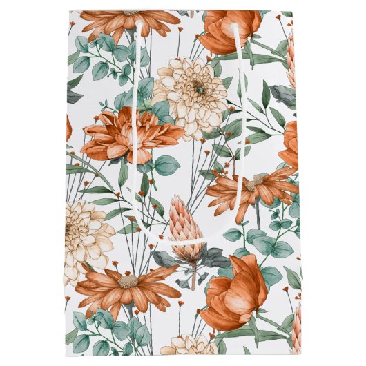 焦げたオレンジ色のフローラグリーン植物模様 ミディアムペーパーバッグ (裏面)