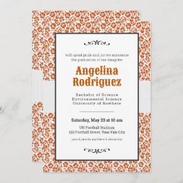 焦げたオレンジ色のフローラダマスク写真卒業 招待状