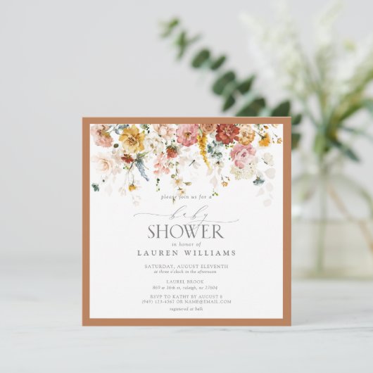 焦げたオレンジ色のフローラドロップスクリプトベビーシャワー 招待状 (スタンド正面)