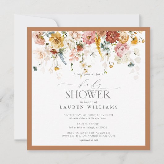 焦げたオレンジ色のフローラドロップスクリプトベビーシャワー 招待状 (正面)