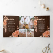 焦げたオレンジ色のフローラフォトコラージュ結婚ウッド 三つ折り招待状 (内部)