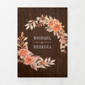 焦げたオレンジ色のフローラフォトコラージュ結婚ウッド 三つ折り招待状 (カバー)