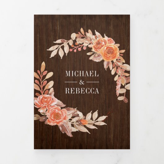 焦げたオレンジ色のフローラフォトコラージュ結婚ウッド 三つ折り招待状 (カバー)