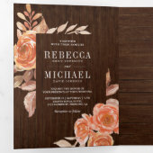焦げたオレンジ色のフローラフォトコラージュ結婚ウッド 三つ折り招待状 (内部最初)