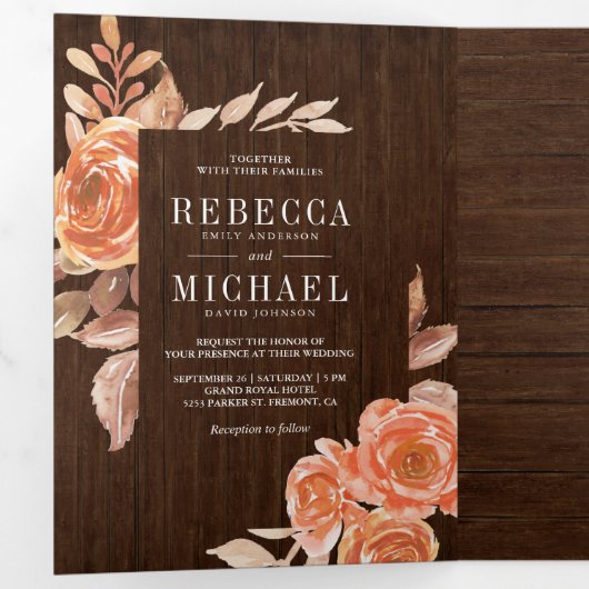 焦げたオレンジ色のフローラフォトコラージュ結婚ウッド 三つ折り招待状 (内部最初)