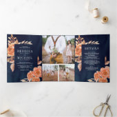 焦げたオレンジ色のフローラフォトコラージュ結婚ネイビー 三つ折り招待状 (内部)