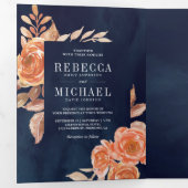 焦げたオレンジ色のフローラフォトコラージュ結婚ネイビー 三つ折り招待状 (内部最初)