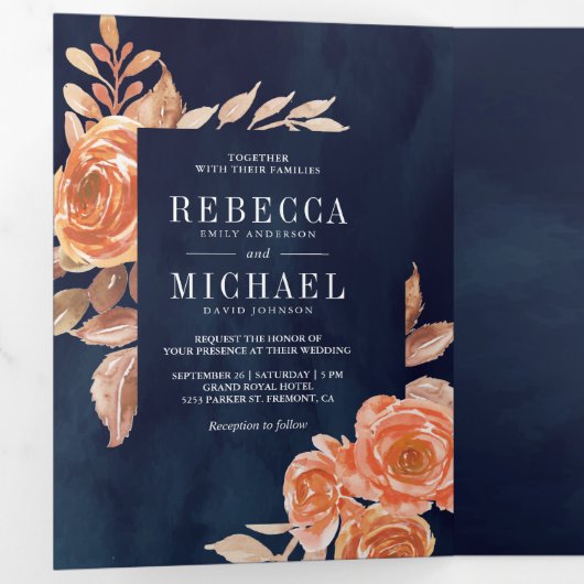 焦げたオレンジ色のフローラフォトコラージュ結婚ネイビー 三つ折り招待状 (内部最初)