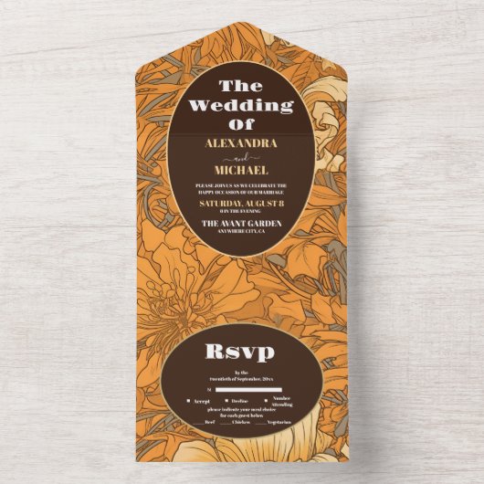 焦げたオレンジ色のフローラ結婚アールヌーボー オールインワン招待状 (内側)