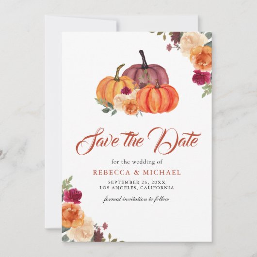 焦げたオレンジ色のフローラ結婚カボチャ セーブザデート (正面)