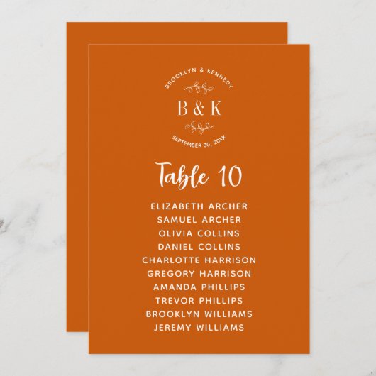 焦げたオレンジ色のフローラ結婚植物体の座席表 招待状 (正面/裏面)