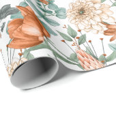 焦げたオレンジ色のフローラ緑のパターン ラッピングペーパー (ロールコーナー)