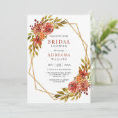 焦げたオレンジ色のフローラ金ゴールドフレーム秋ブライダルシャワー 招待状 (スタンド正面)