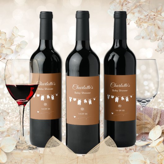 焦げたオレンジ色のボホミニマリスト赤ちゃんシャワー ワインラベル