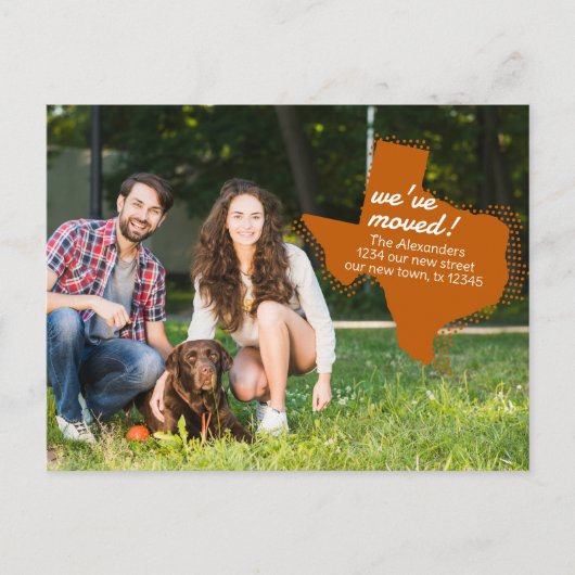 焦げたオレンジ色の引っ越しました-点々のあるテキサス州ムービング ポストカード (正面)