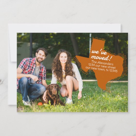 焦げたオレンジ色の引っ越しました-点々のあるテキサス州ムービング 案内状 (正面)