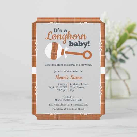 焦げたオレンジ色の格子状のラトル長円形の赤ちゃんシャワー 招待状 (スタンド正面)