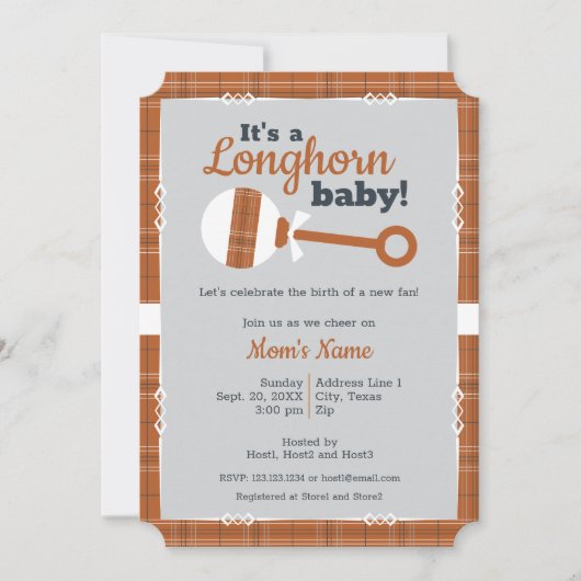 焦げたオレンジ色の格子状のラトル長円形の赤ちゃんシャワー 招待状 (正面)