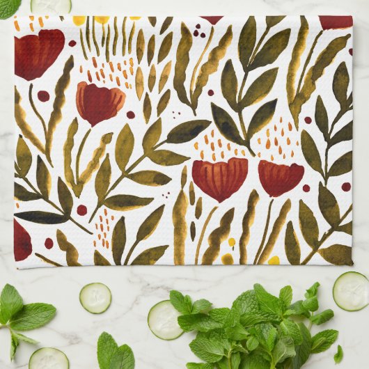 焦げたオレンジ色の植物性フローライラストレーション キッチンタオル (折り畳み)