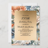 焦げたオレンジ色の水カラーフローラ金ゴールド誕生日 招待状 (正面)