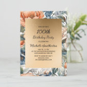 焦げたオレンジ色の水カラーフローラ金ゴールド誕生日 招待状 (スタンド正面)