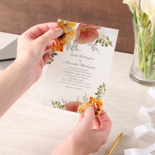 焦げたオレンジ色の水。フローラ結婚秋 ベラム紙招待状 (ポータブル)