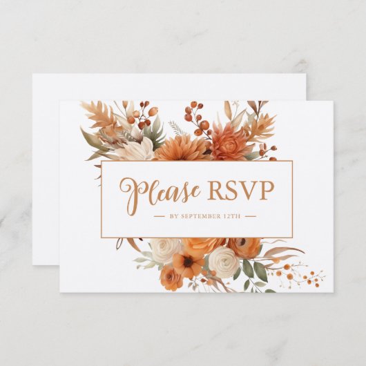 焦げたオレンジ色の秋のフローラの結婚植物 出欠カード (正面/裏面)