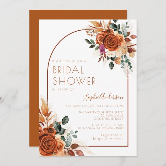 焦げたオレンジ色の花パンパスグラスブライダルシャワー 招待状 (正面/裏面)