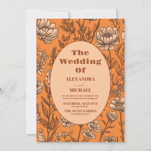 焦げたオレンジ色の野結婚花 招待状 (正面)