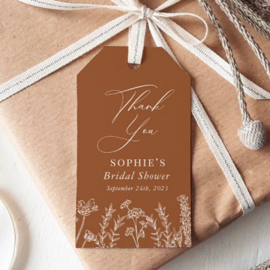 焦げたオレンジ色の野花のブライダルシャワーの恩恵 ギフトタグ