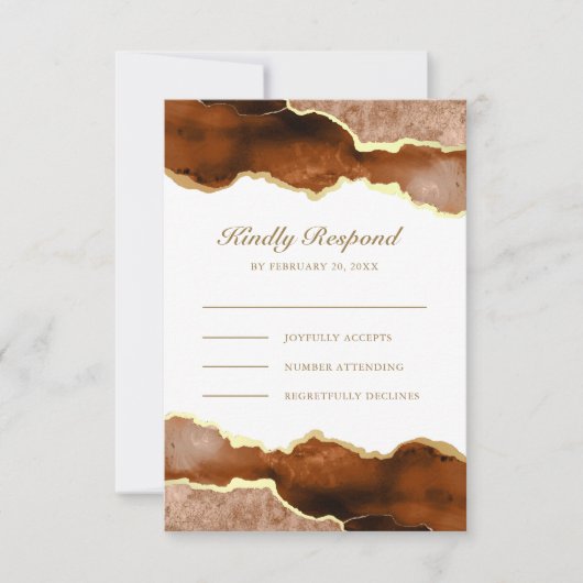 焦げたオレンジ色の金ゴールドテラコッタアゲートマーブル結婚ズ 出欠カード (正面)