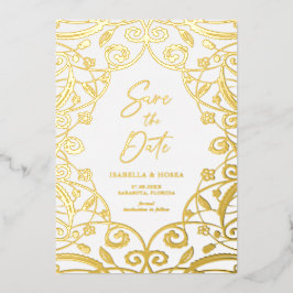 焦げたオレンジ色の金ゴールドフローラリーフレース結婚ズ 箔招待状